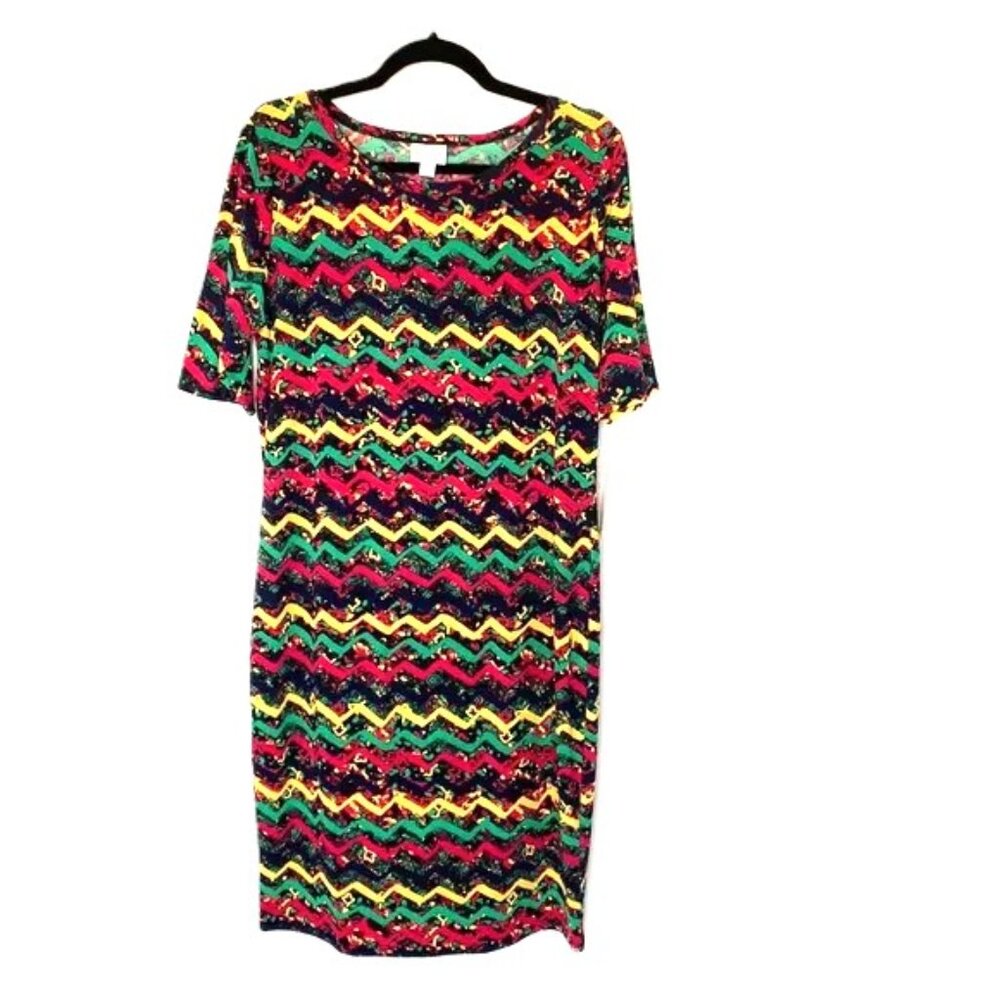 LuLaRoe XL Julia Dress Multicolored Zigzag Pattern Jamaican Vibe!